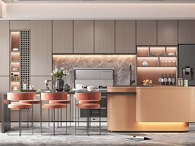 Elegant Modern Kitchen Interior With Beige Bar Counter Marble Backsplash And Red Chairs 3d model