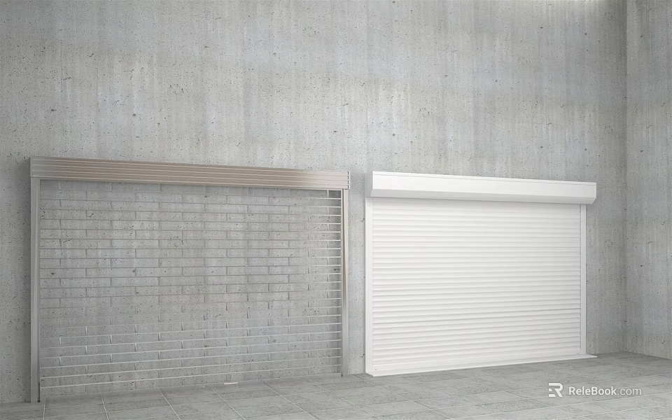 Concrete Wall With Two Roller Shutters Brick And White Panel Design 3d model 
