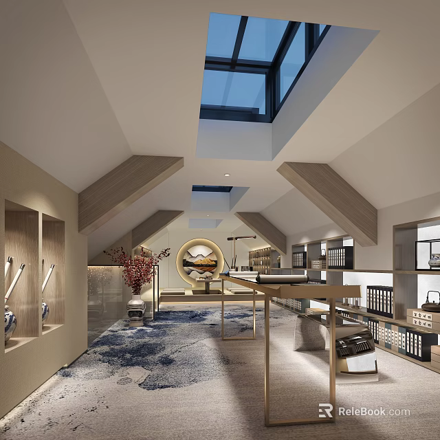 Modern Attic Study Room Interior With Skylight Bookshelves Wooden Desk And Blue Rug 3d model 