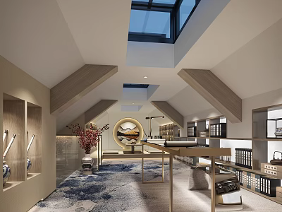 Modern Attic Study Room Interior With Skylight Bookshelves Wooden Desk And Blue Rug 3d model