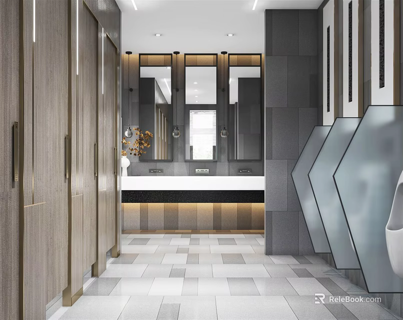 Modern Public Restroom Interior Design With Cubicles Washbasins Mirrors And Tiled Floor 3d model 