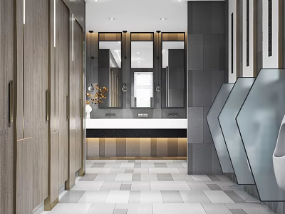 Modern Public Restroom Interior Design With Cubicles Washbasins Mirrors And Tiled Floor 3d model