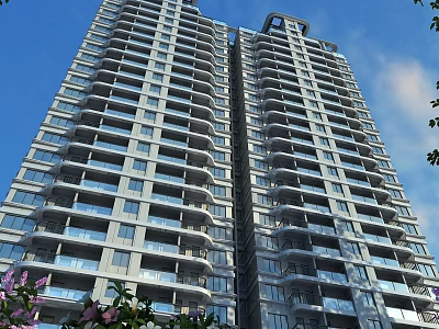 Modern High Rise Residential Building With Balconies Windows And Blue Sky Background 3d model