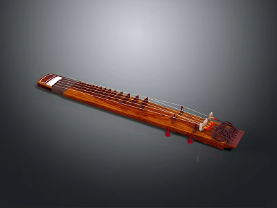 Traditional Brown Guqin Household Item with Clear Visible Strings and Red Tassel Decoration 3d model