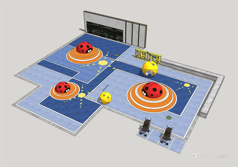 Colorful Indoor Activity Area With Ladybug Shaped Objects Blue Floor And Yellow Balls 3d model 
