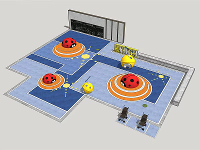 Colorful Indoor Activity Area With Ladybug Shaped Objects Blue Floor And Yellow Balls 3d model