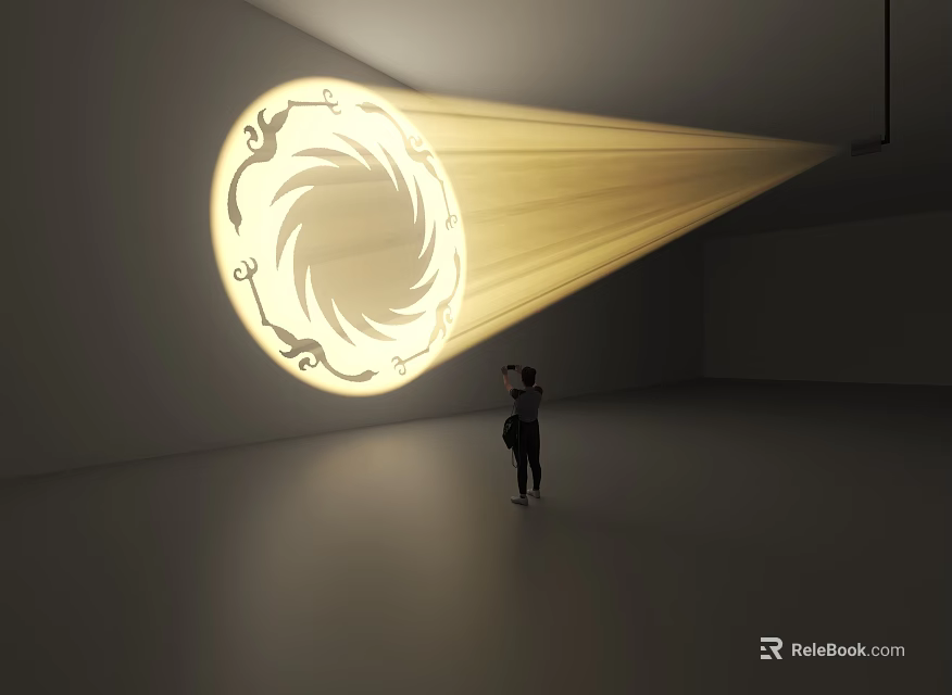 Circular Decorative Light On Wall With Yellow Beam Creating Spiral Pattern In Empty Room 3d model