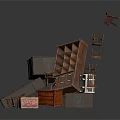 Assorted Wooden Furniture Collection Featuring Bookshelf Chairs Cabinets And Stacked Items