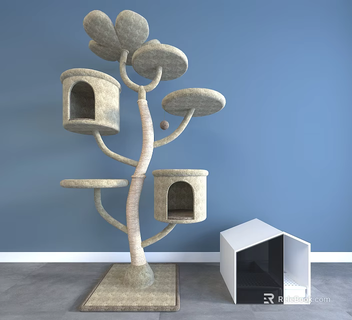 Multi Level Pet Tree House With Cozy Platforms And White Cube Cat Furniture 3d model 
