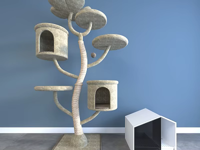 Multi Level Pet Tree House With Cozy Platforms And White Cube Cat Furniture 3d model