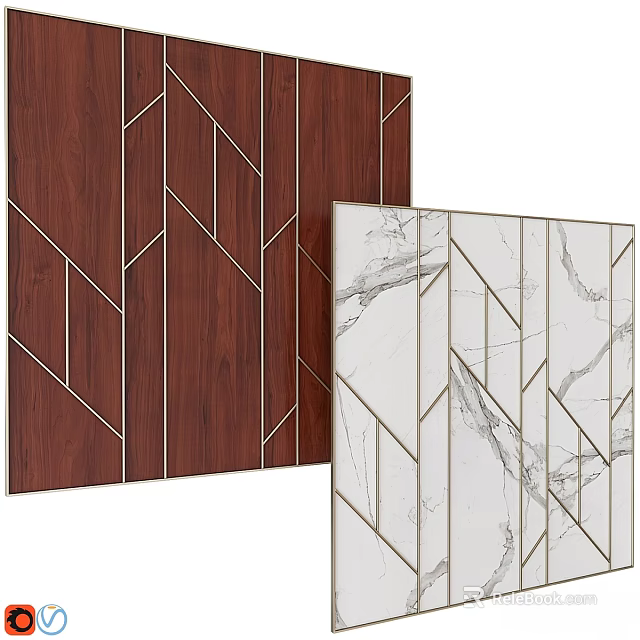 Stylish Wall Decor With Wood Grain Marble Textures And Geometric Line Patterns 3d model