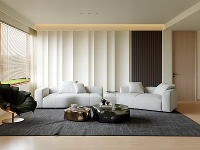 Modern Bright Minimalist Living Room Interior With Plush White Sofas And Stylish Artistic Coffee Tables 3d model