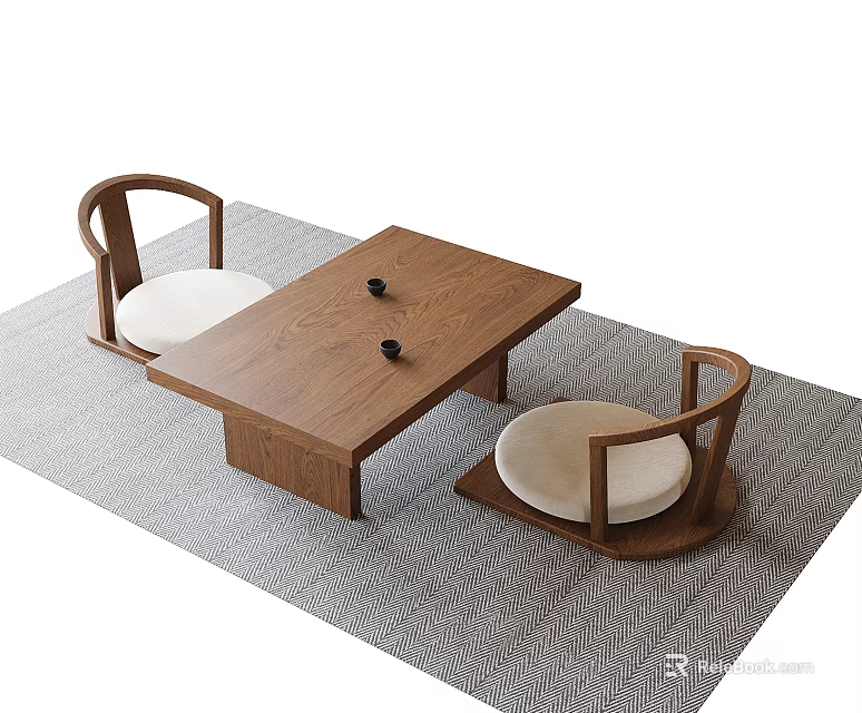 Minimalist Wooden Tea Table With Black Teacups And Upholstered Chairs On Gray Woven Rug 3d model 