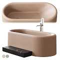 Modern Beige Bathtub Design With Black Marble Countertop And Faucet