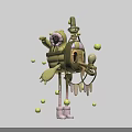 Man Interacting With Green Mechanical Structure Featuring Bird Head And Yellow Balls