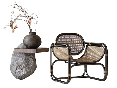 Wicker Leisure Chair With Metal Frame And Stone Side Table With Vase Twigs 3d model