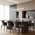 Modern Dining Room Interior With Dark Dining Table Chairs Pendant Light Cabinets And Window Blinds