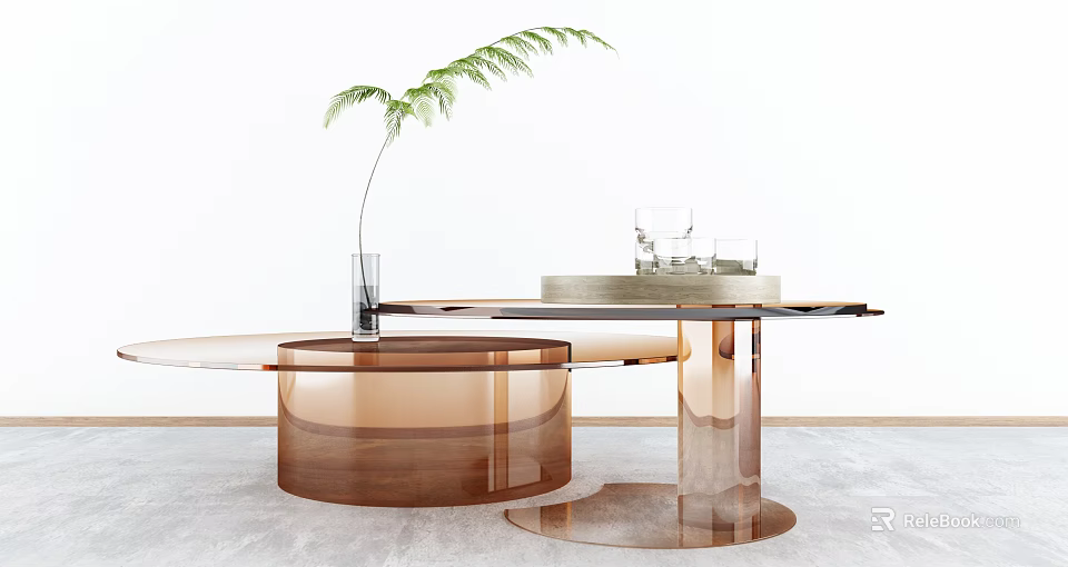 Modern Transparent Round Coffee Table With Copper Base Green Plant And Glasses 3d model 