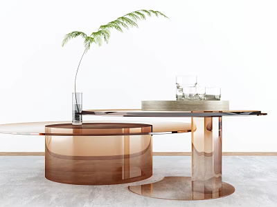 Modern Transparent Round Coffee Table With Copper Base Green Plant And Glasses 3d model