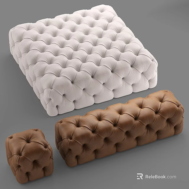 Stylish Tufted Leather Ottoman Set In White And Brown Rectangular Shape 3d model 
