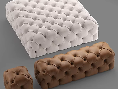Stylish Tufted Leather Ottoman Set In White And Brown Rectangular Shape 3d model