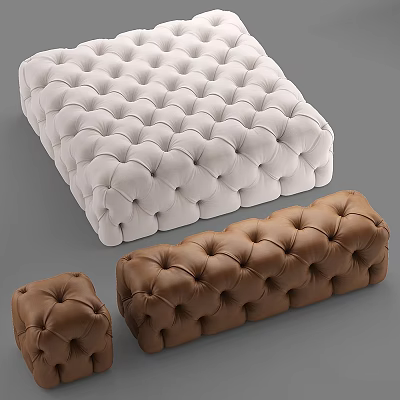 Stylish Tufted Leather Ottoman Set In White And Brown Rectangular Shape 3d model