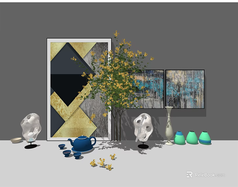 Modern Decorative Ornament Set Featuring Geometric Wall Art Yellow Flower Bouquet White Sculptures Blue Teapot 3d model 
