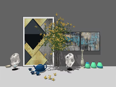 Modern Decorative Ornament Set Featuring Geometric Wall Art Yellow Flower Bouquet White Sculptures Blue Teapot 3d model