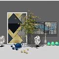 Modern Decorative Ornament Set Featuring Geometric Wall Art Yellow Flower Bouquet White Sculptures Blue Teapot