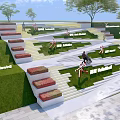 Stepped Road Facilities with Illuminated Steps in Night Scene Surrounded by Trees and Sports Signs