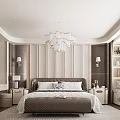 Modern Bedroom Interior With King Bed Chandelier Wall Panels And Nightstands