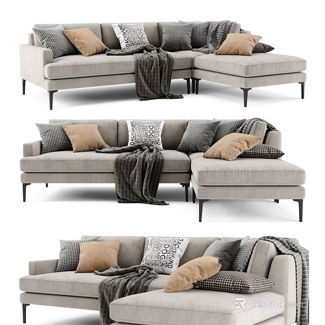 Modern Light Gray Fabric Sectional Sofa Design With Multiple Pillows And Throw Blanket 3d model