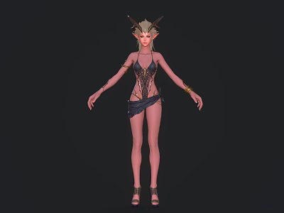 Female Horned Game Movie Character In Black Strappy Outfit With Golden Bracelets And High Heels 3d model