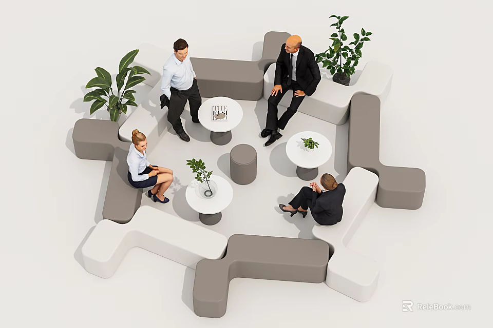 Modern Public Chairs With People Sitting Around Small Round Tables And Plants 3d model 