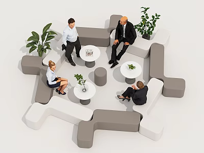 Modern Public Chairs With People Sitting Around Small Round Tables And Plants 3d model