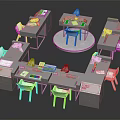 Modern Multiple Gray Workstations With White Chairs And Central Round Table Setup