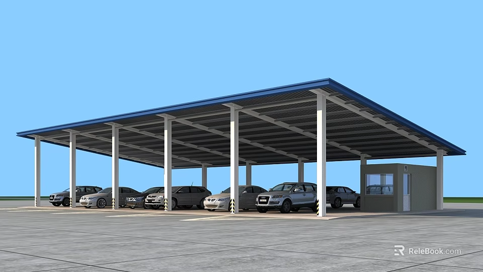 Carport Structure With Blue Roof And White Pillars For Parking Multiple Cars 3d model 