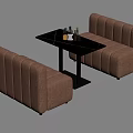 Pair Of Brown Booth Sofas With Black Table And Wine Bottles In Modern Setup 3d model