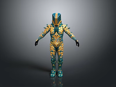 Mythical Creature Inspired Character With Teal Gold Scaled Armor And Spiked Design 3d model