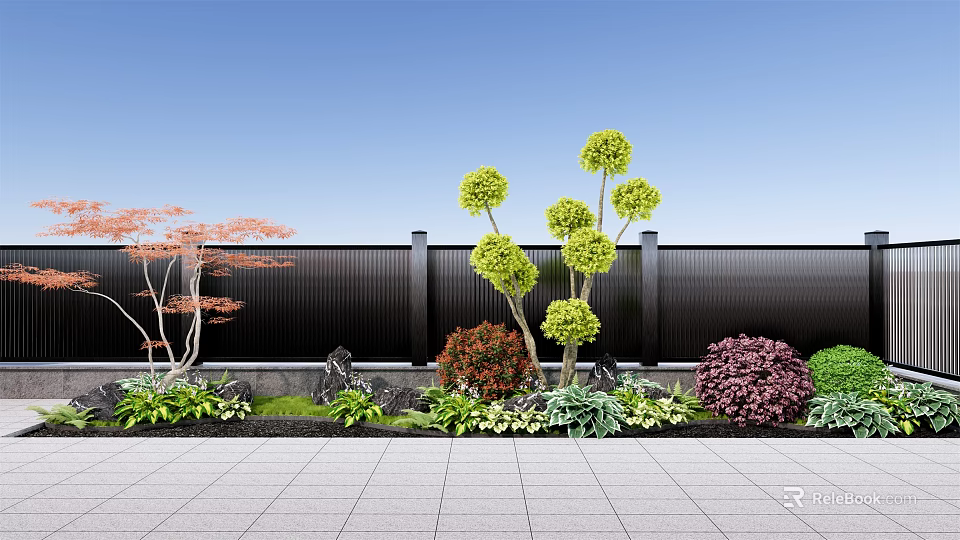 Garden Flowers And Plants With Green Shrubs Red Purple Foliage Black Fence Stone Paved Ground 3d model 