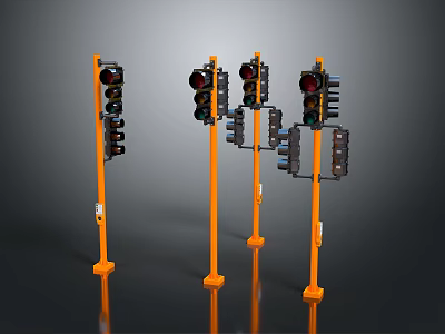 Orange Traffic Light Poles With Multiple Signal Units And Reflective Bases 3d model