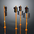 Orange Traffic Light Poles With Multiple Signal Units And Reflective Bases
