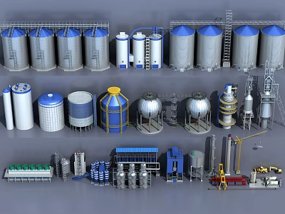 Diverse Industrial Equipment Collection Featuring Storage Tanks Silos and Processing Machinery 3d model