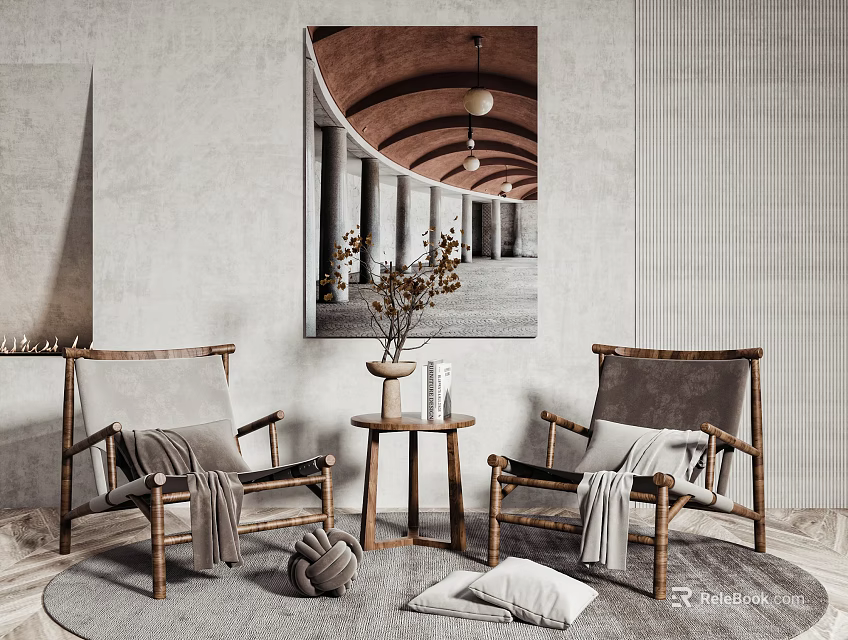 Two Wooden Chairs And Small Table With Round Rug Wall Painting Pillows And Blankets 3d model 