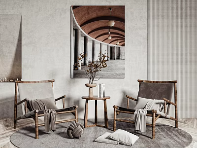 Two Wooden Chairs And Small Table With Round Rug Wall Painting Pillows And Blankets 3d model
