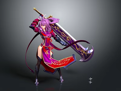Anime Female Character With Purple Hair Red Purple Outfit And Ornate Greatsword 3d model