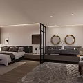 Modern Hotel Room Interior With King Size Bed Wooden Flooring Glass Partition And Scenic View
