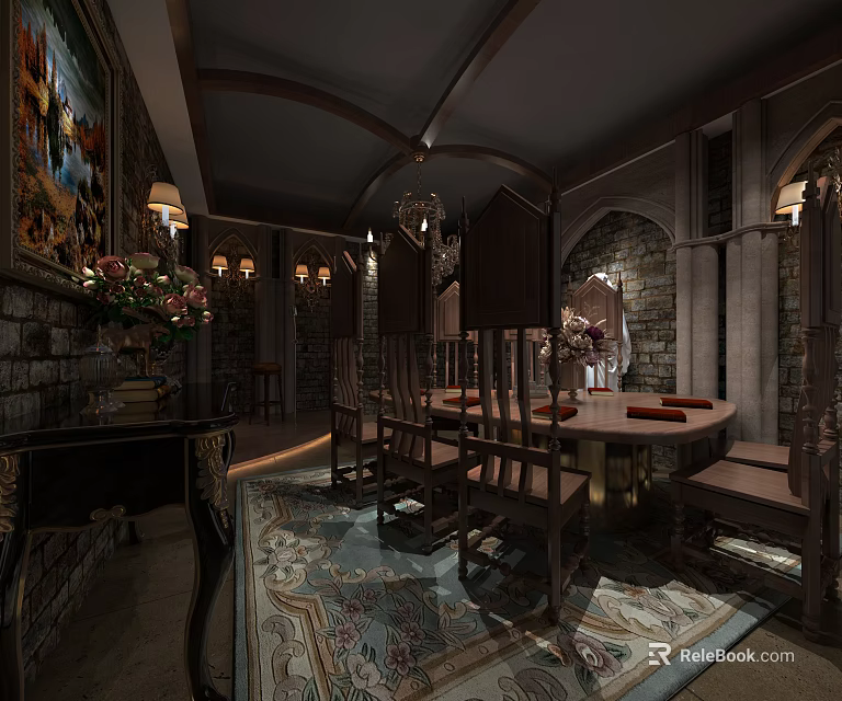 Medieval Dining Room Interior With Round Table Wooden Chairs And Stone Walls 3d model 