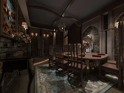 Medieval Dining Room Interior With Round Table Wooden Chairs And Stone Walls 3d model