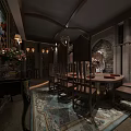 Medieval Dining Room Interior With Round Table Wooden Chairs And Stone Walls